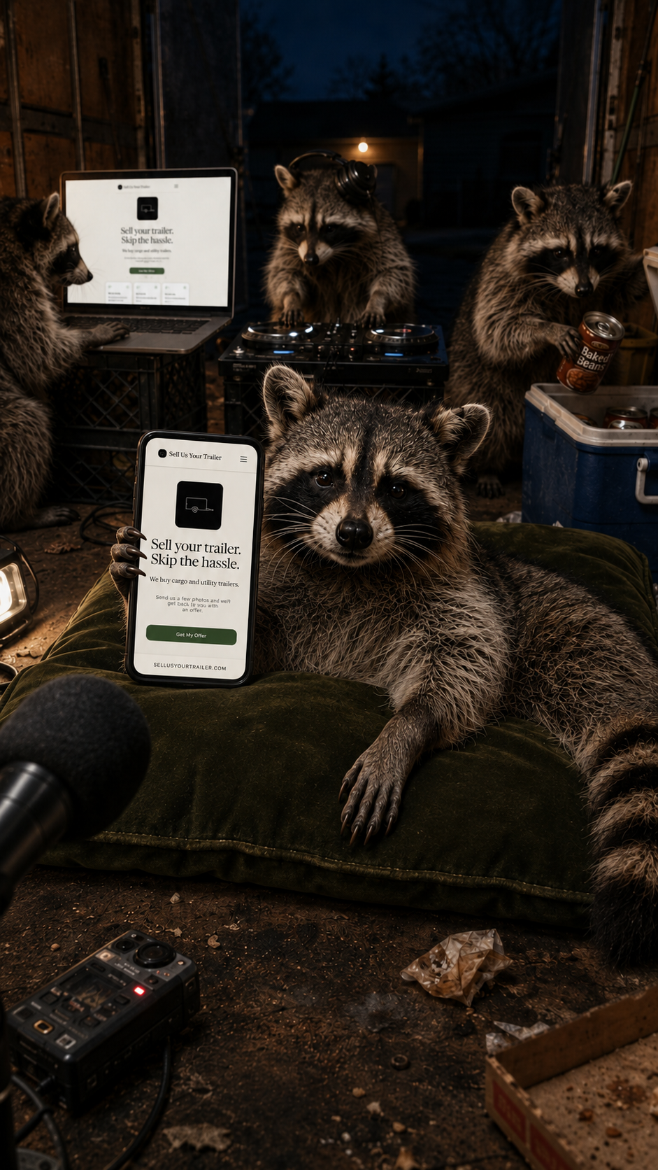 A crew of raccoons in an alley at night, one holding a phone showing the Sell Us Your Trailer site